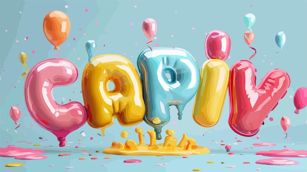 Vector a colorful birthday card with balloons and a yellow cake with the words happy birthday on it