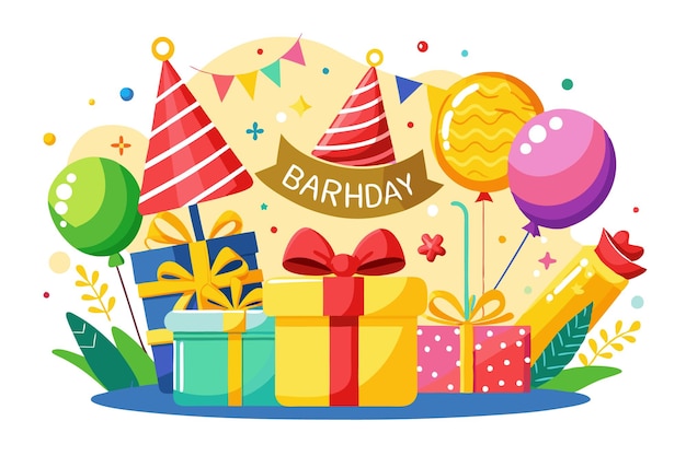 Vector colorful birthday party illustration with gifts balloons party hats and a banner