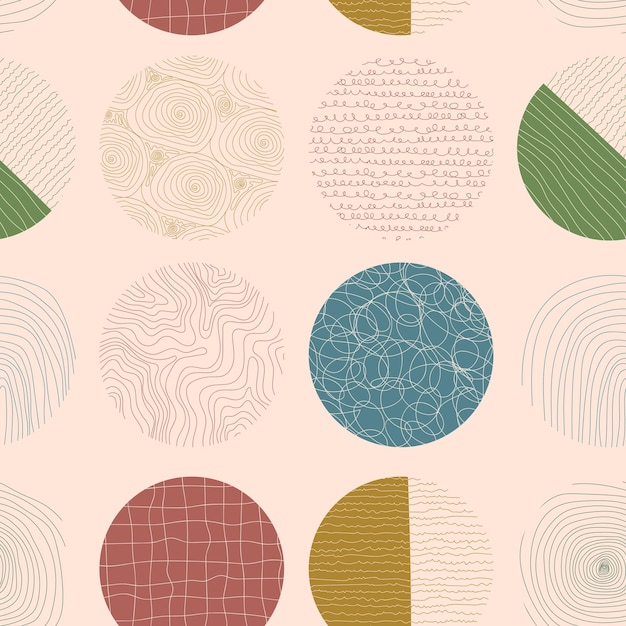 Colorful boho seamless pattern with abstract circles and shapes on beige background