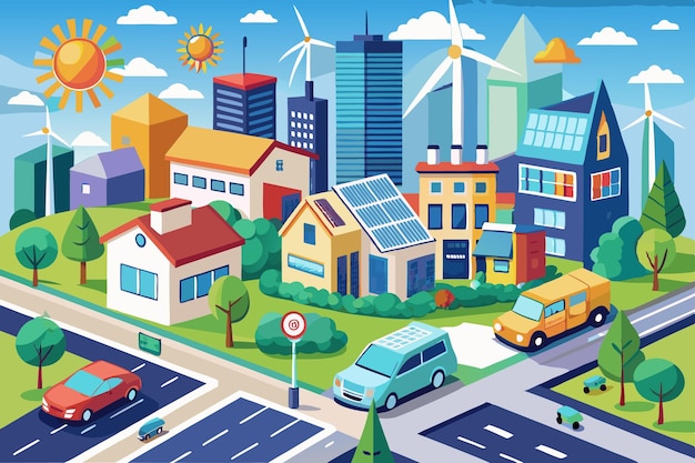 Vector a colorful and bright isometric illustration of a modern city with wind turbines solar panels and cars