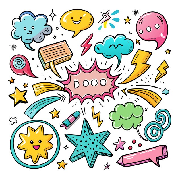 Vector colorful cartoon doodle style design elements with speech bubbles stars and lightning bolts