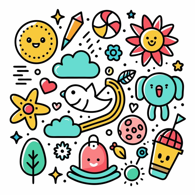 Vector colorful cartoon doodle with cute characters