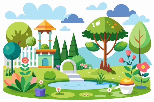 Vector a colorful cartoon illustration of a lush garden with a pond