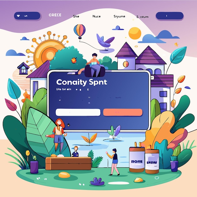 Vector a colorful cartoon illustration of a website with the text 39conaity spnt39 in a blue rectangle with a blue background there are houses plants and people