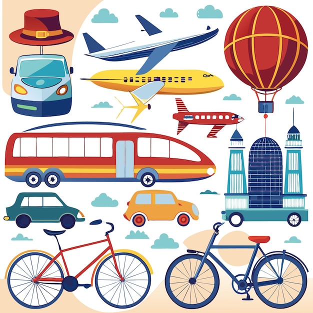 Vector colorful cartoon illustrations of various modes of transportation including a car bus train airplane bicycle and hot air balloon