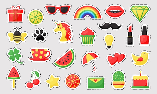 Vector colorful cartoon patch badges set of cute icons with dotted lines