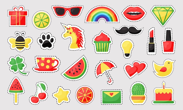 Colorful cartoon patch badges Set of cute icons with dotted lines