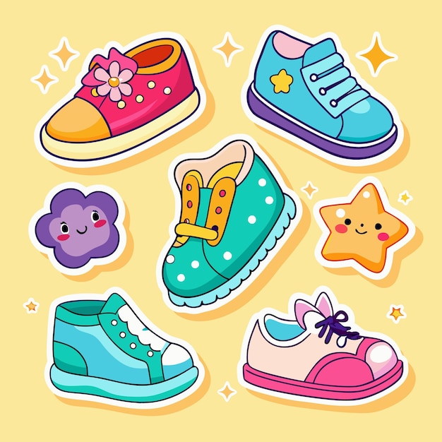 Vector colorful cartoon shoes with a happy cloud and a star on yellow background