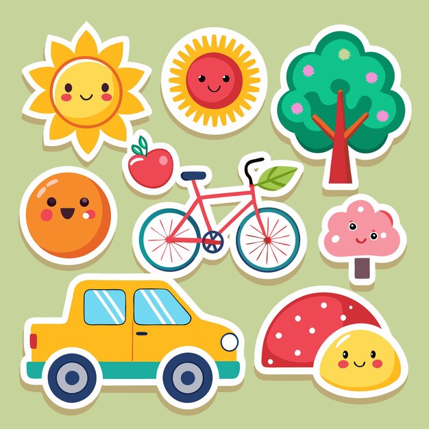 Vector colorful cartoon stickers of a sun orange apple bicycle tree car and mushroom on a green background