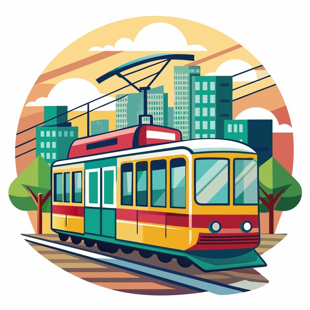 Vector a colorful cartoon tram traveling through a city landscape