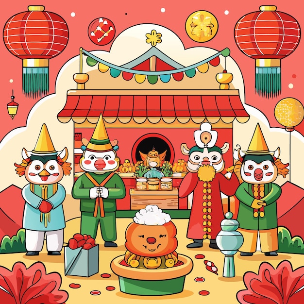 Vector colorful celebration of traditional asian festival with cute characters