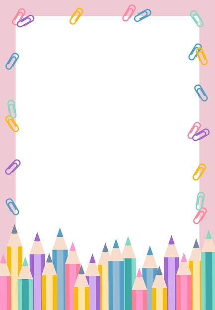 Vector colorful childrens background frame for notes with set of school supplies