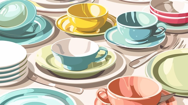 Vector a colorful collection of cups and saucers with a spoon