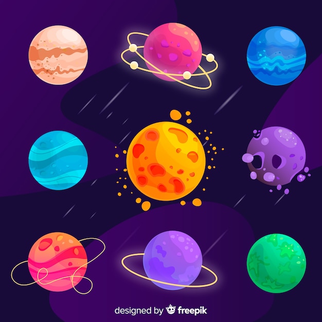 Colorful different flat planets collection