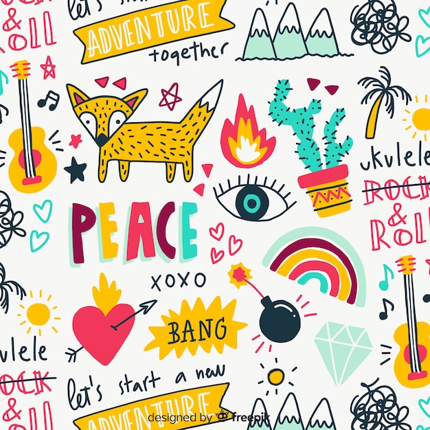 Colorful doodle animals and words pattern