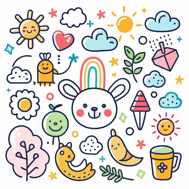 Vector colorful doodle set with animal weather and nature themed elements