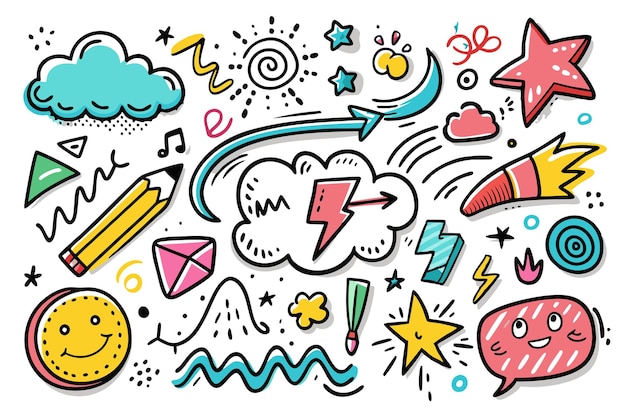 Vector colorful doodles featuring clouds stars and playful icons for creative inspiration