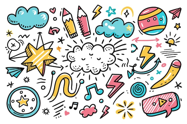 Vector colorful doodles featuring stars clouds and playful shapes