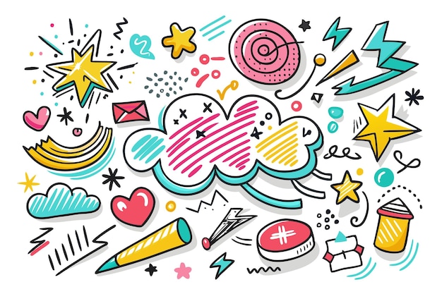 Vector colorful doodles featuring stars clouds and playful symbols