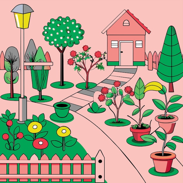 Vector a colorful drawing of a garden with a house and flowers