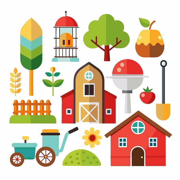 Vector colorful farm icons with tractor barn trees and more