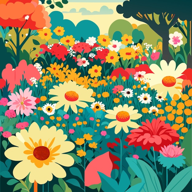 Vector a colorful field of flowers with a sky background