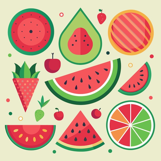 Vector colorful flat design illustration of watermelon and other fruit slices