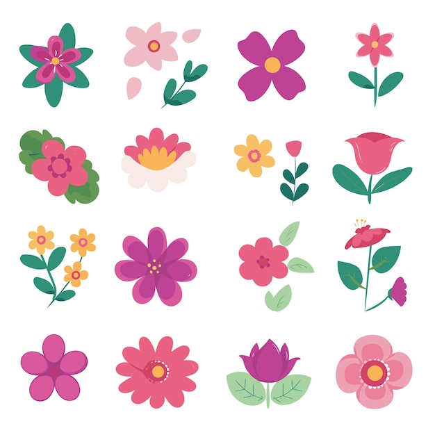 Vector colorful flatstyle cartoon flowers in various shapes and sizes on a white background