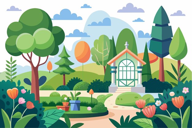 Vector a colorful garden scene with a greenhouse and flowers