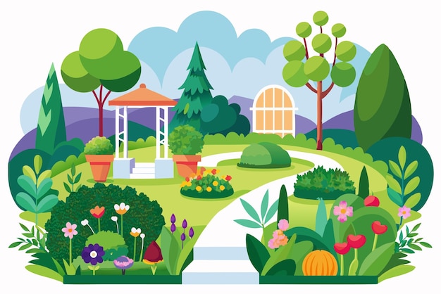 Vector a colorful garden with a white gazebo and a winding path