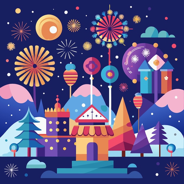 A colorful geometric illustration of a town with fireworks exploding over a snowy landscape