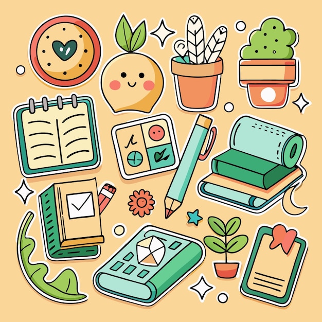 Vector colorful hand drawn stickers with school supplies plants and office items