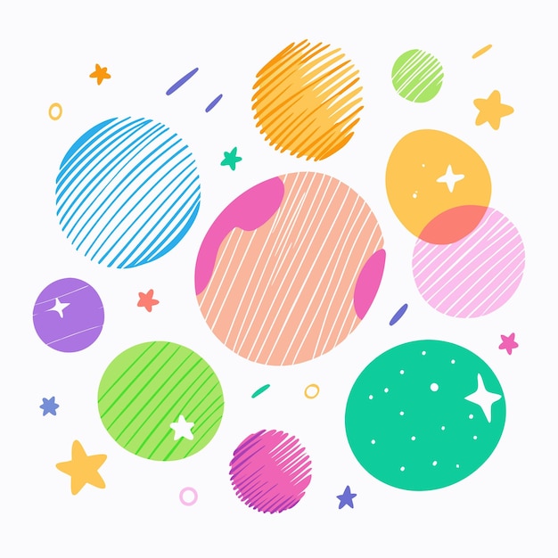 Vector colorful handdrawn circles with stars and lines on white background