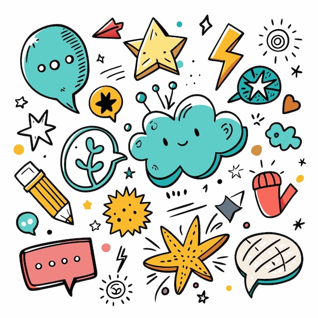 Vector colorful handdrawn doodle elements with speech bubbles stars lightning and more