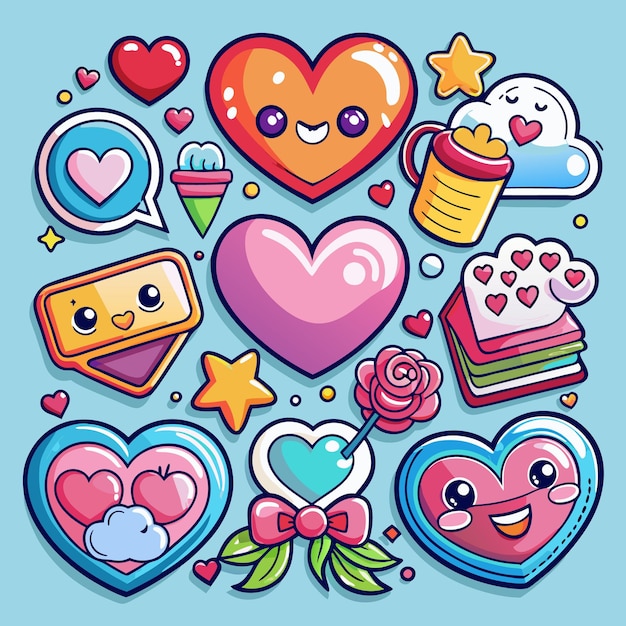 Colorful hearts with cute cartoon faces and other lovethemed elements