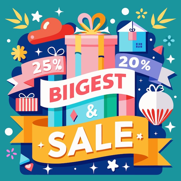 Vector colorful illustration of a big sale with gifts ribbons and percentages off