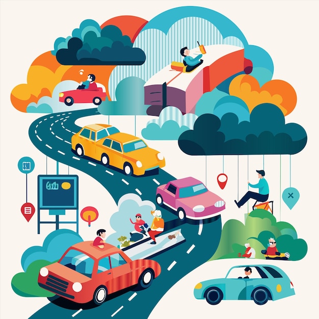 Vector a colorful illustration of cars and people on the road with a sign that says quot do not park quot