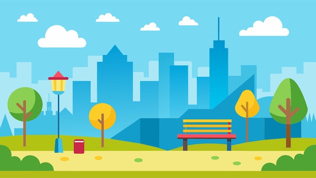 Vector a colorful illustration of a city with a bench and a cityscape in the background