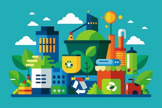 A colorful illustration depicting a city with waste management elements highlighting recycling and ecofriendly practices Waste management Customizable Flat Illustration