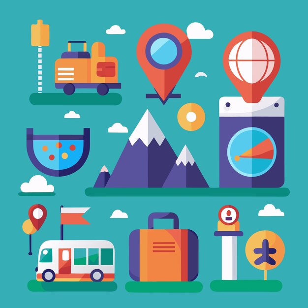 Vector a colorful illustration featuring travel icons including a train bus mountain suitcase map globe compass pin and clouds