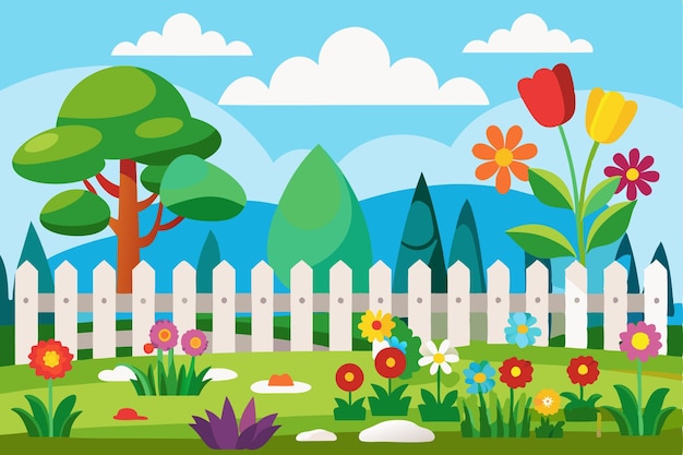 Vector a colorful illustration of a garden with flowers and a fence