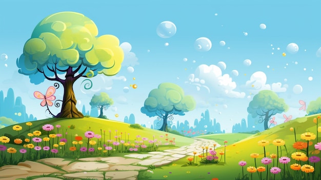 a colorful illustration of a landscape with a tree and flowers