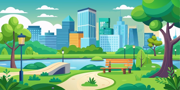 a colorful illustration of a park with a bench and a cityscape in the background