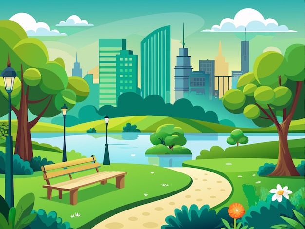 a colorful illustration of a park with a bench and a cityscape in the background