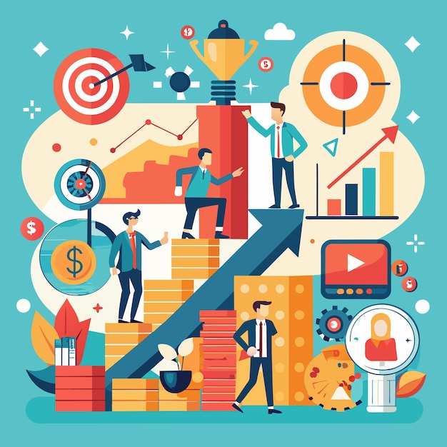 a colorful illustration of people on a staircase with a graphic of a business