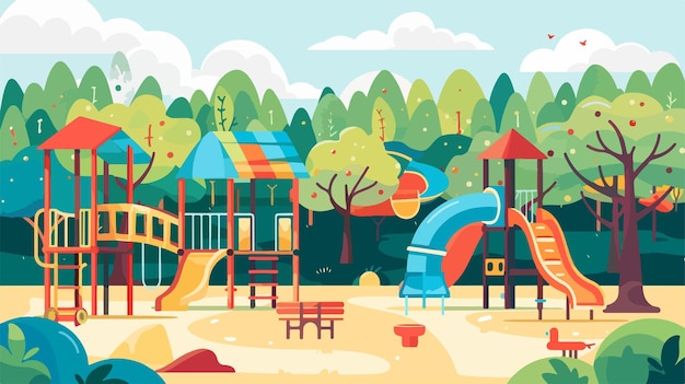 Vector a colorful illustration of a playground with trees and a playground