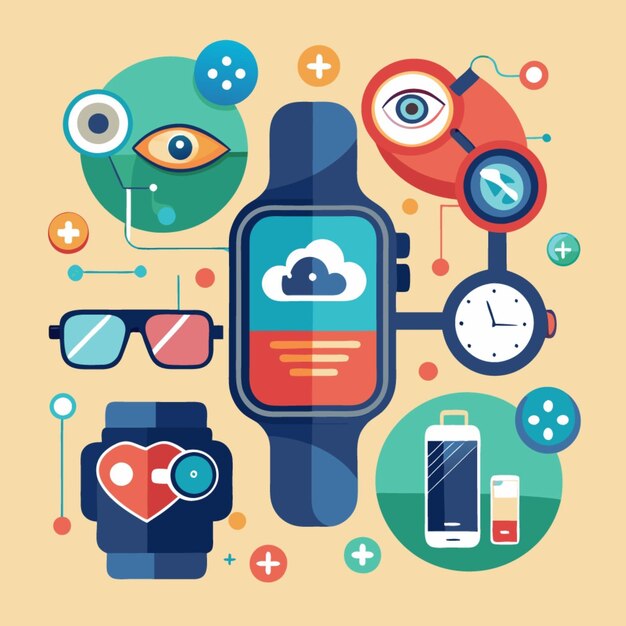 Vector a colorful illustration of a smart watch and a cell phone with a heart on the screen