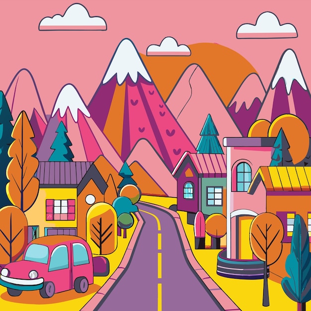 Vector a colorful illustration of a town with a car driving down the road