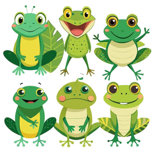 Vector a colorful illustration of various cartoon frogs with different expressions