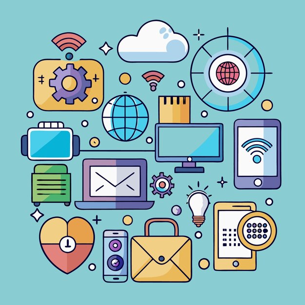 Vector a colorful illustration of various electronic devices and internet icons